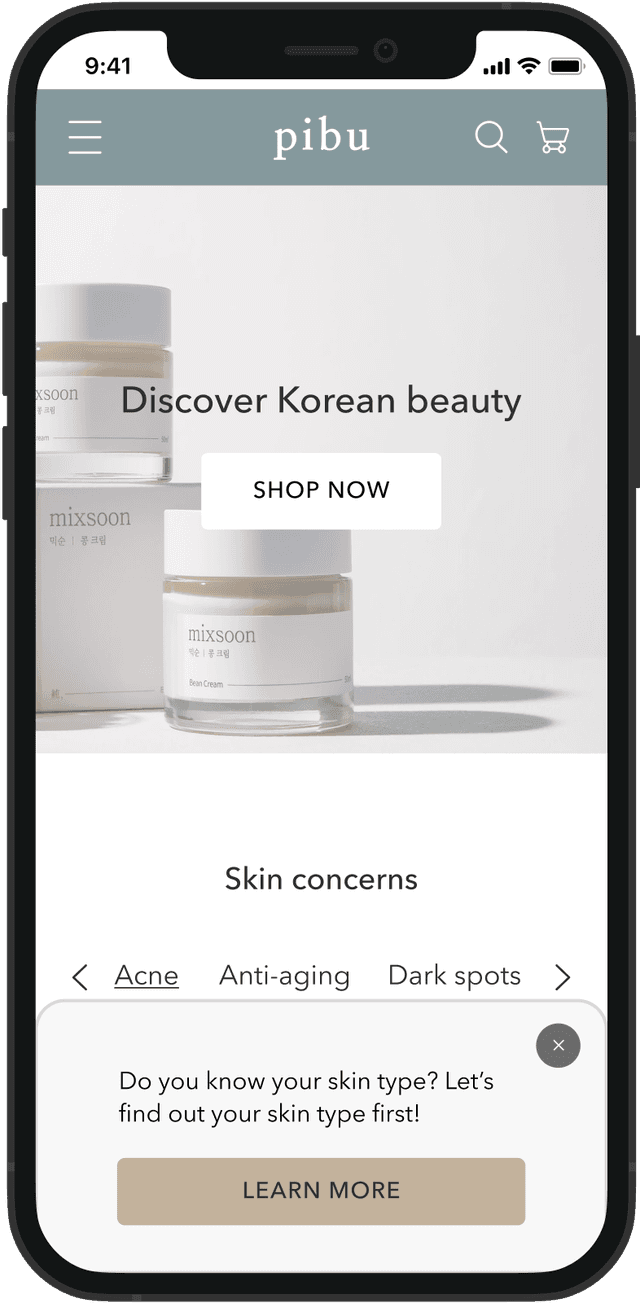 Navigation to the skin type check page helps users choose products