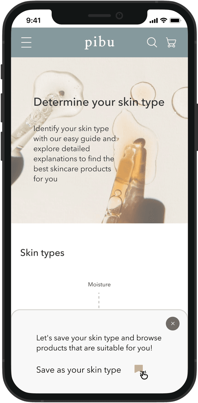 A skin type checker and saving function allow users to search for suitable products